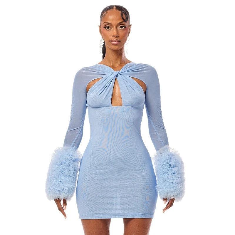Mesh Cross Hollow-out Long Sleeve Plush Sleeve Slim-fit Sheath Dress by GJG Denim