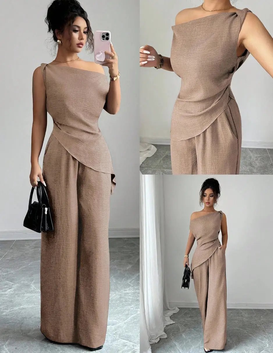 Solid-color Wide-leg Pants Suit For Women by GJG Denim