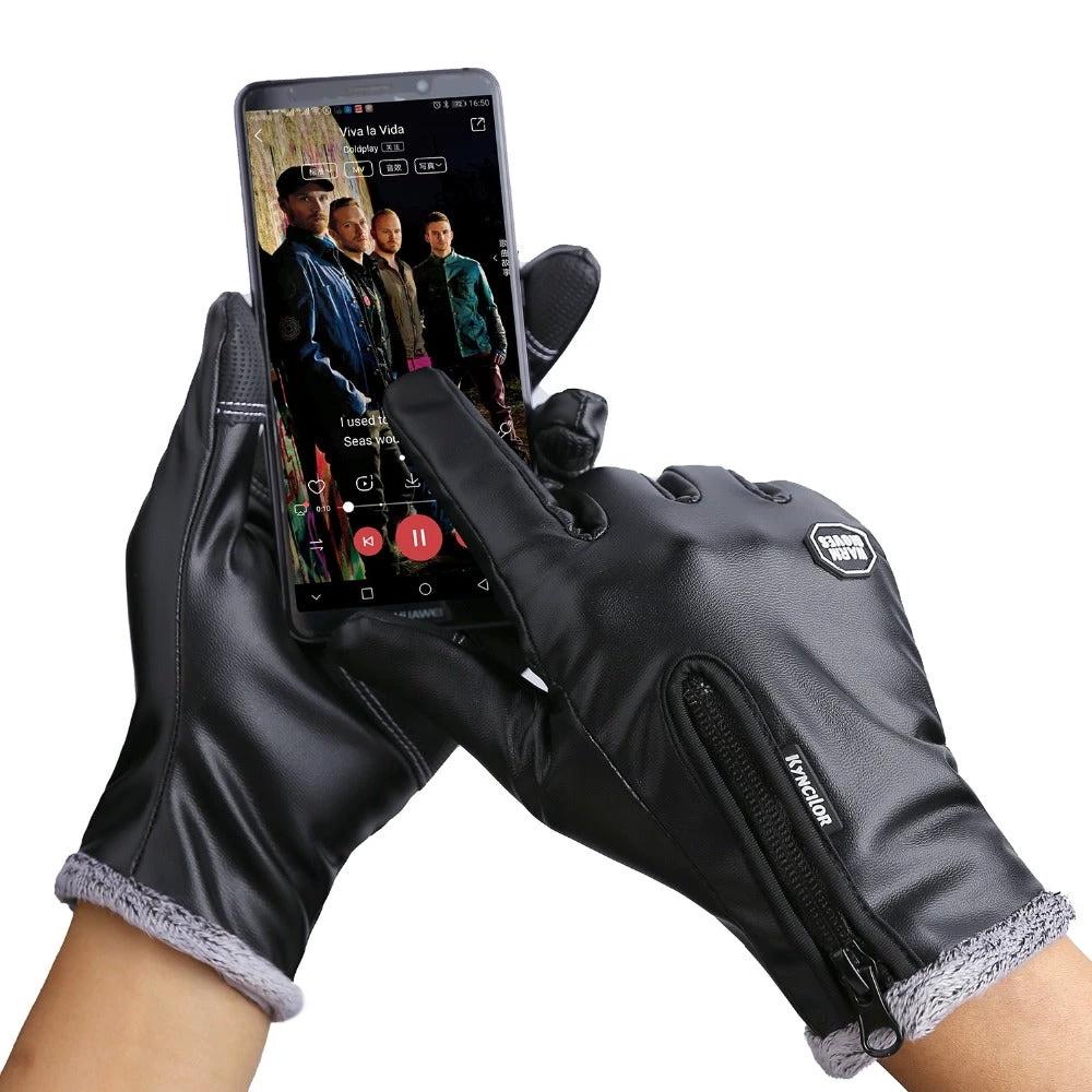 Windproof And Waterproof Zipper Faux Leather Gloves by GJG Denim
