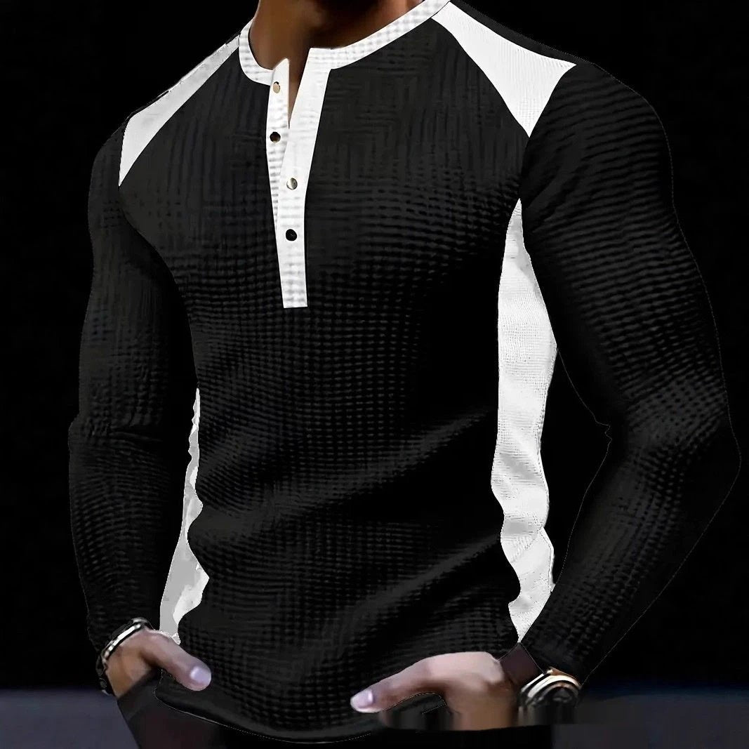 Men's Long-sleeve Shirt With Patchwork Jacquard Design Loose Fit by GJG Denim