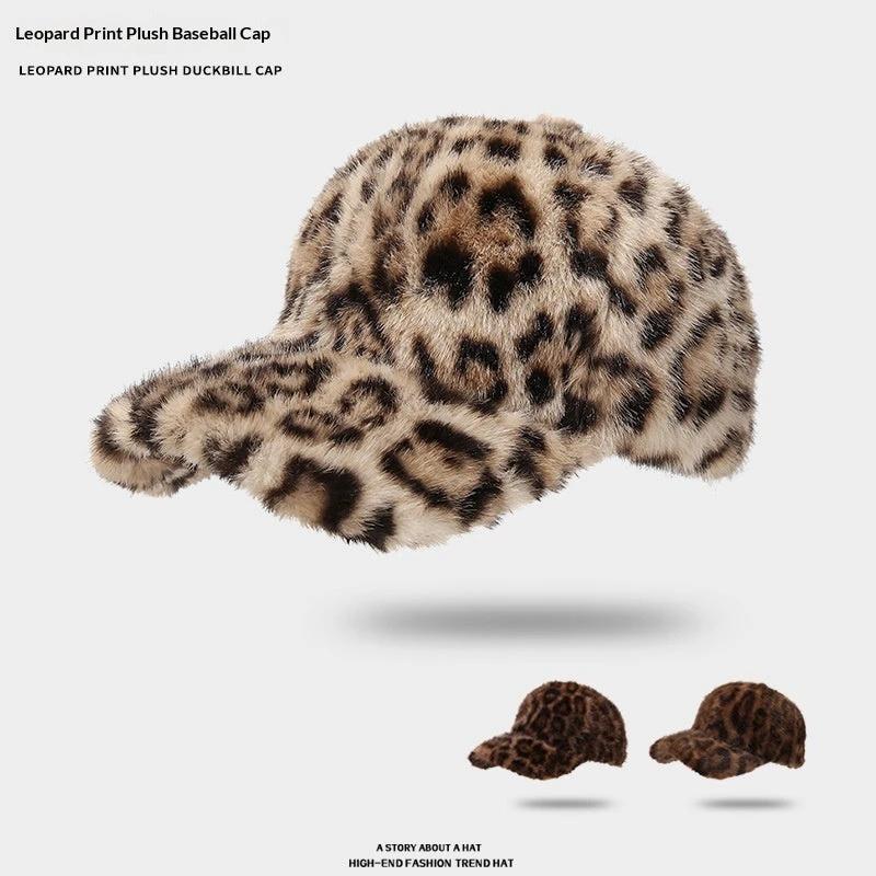 New Plush Leopard Print Warm Baseball Cap by GJG Denim