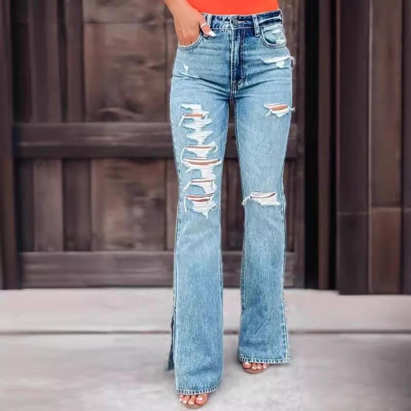 Ladies Jeans High Waist Ripped Slightly Stretch Split Trousers by GJG Denim