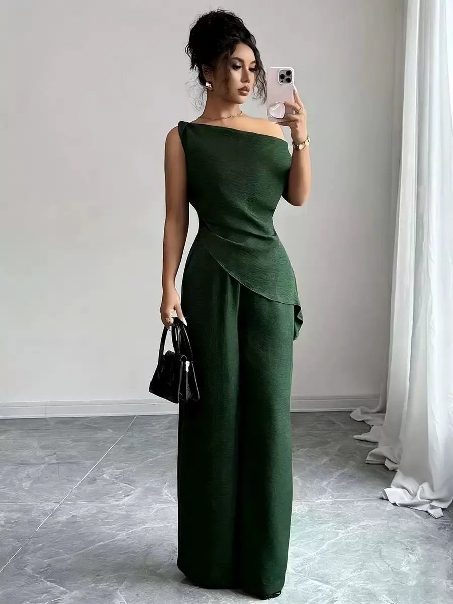 Solid-color Wide-leg Pants Suit For Women by GJG Denim
