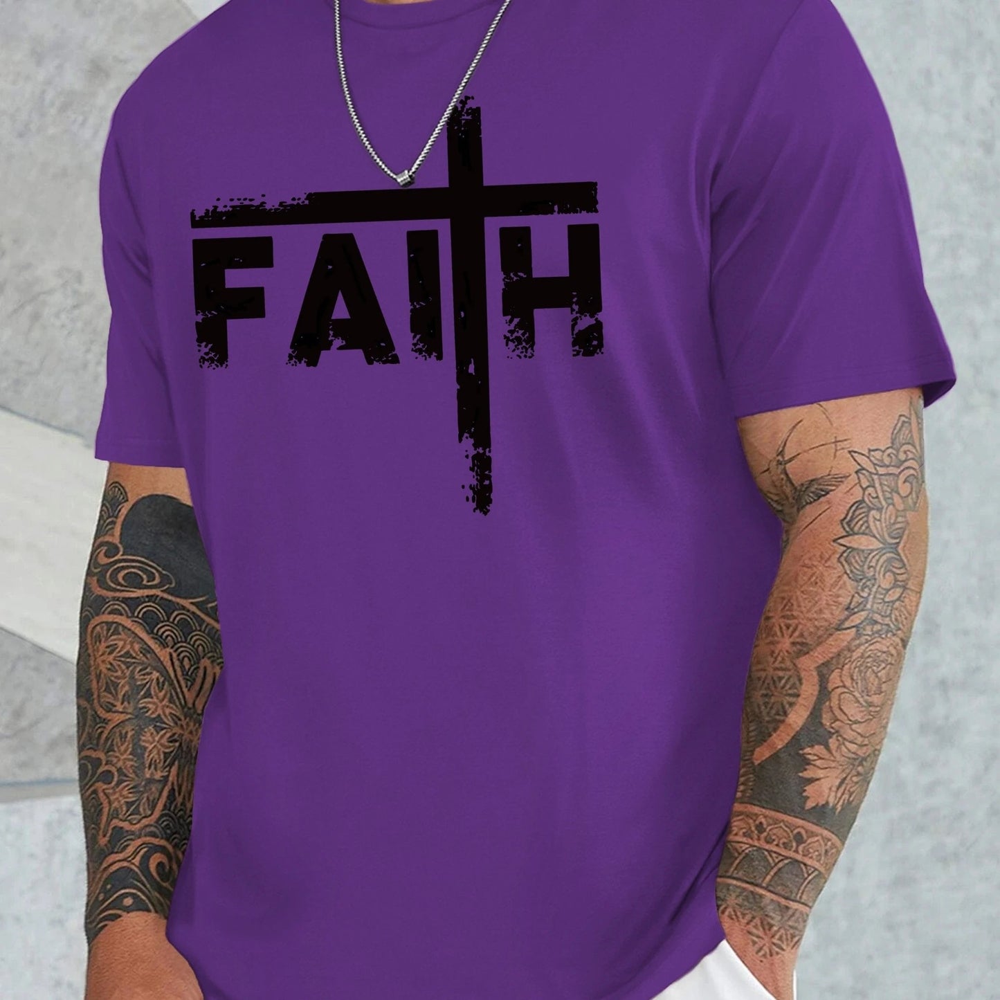 Large Men's Casual Fashion Sports T-shirt, Faith Pattern Round Neck Comfortable T-shirt Summer Clothing by GJG Denim