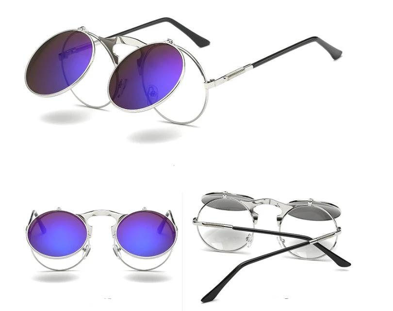 Vintage Round Steampunk Sunglasses Flip-Up UV Protection Metal Frame For Men by GJG Denim