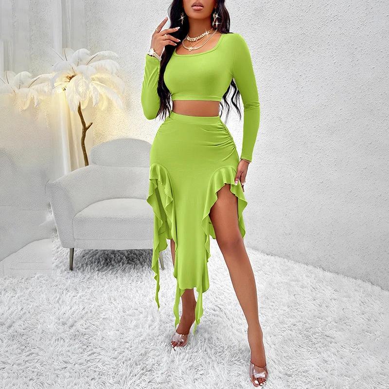 Women's Long Sleeve Round Neck Pleated Dress Suit - Solid Color Elegant Ruffle Outfit by GJG Denim
