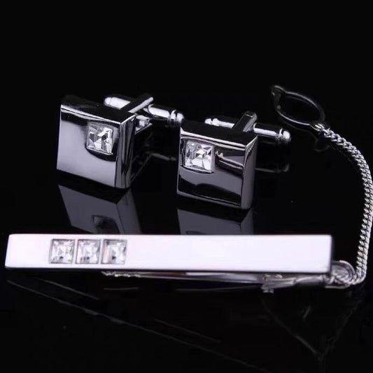 Men's Suit Shirt Rhinestone-encrusted Silver Cufflinks Tie Clip 3 Pieces Suit by GJG Denim