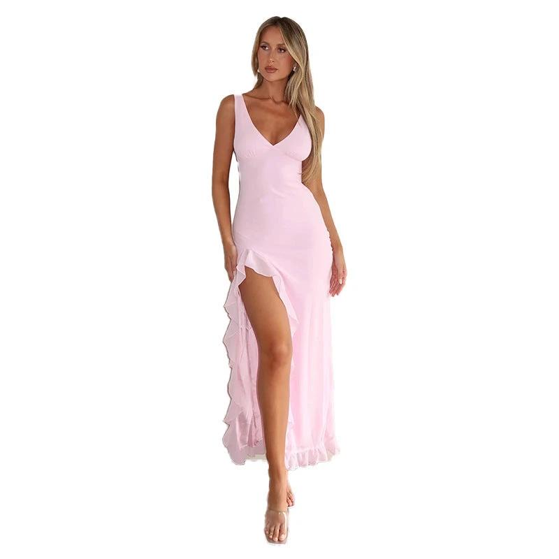 Women's Ruffles Split Suspender Dress Sexy Slim-fit V-neck Evening Party Dresses Clothing by GJG Denim