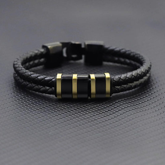 Black Leather Braided Stainless Steel Bead Bracelet For Men by GJG Denim