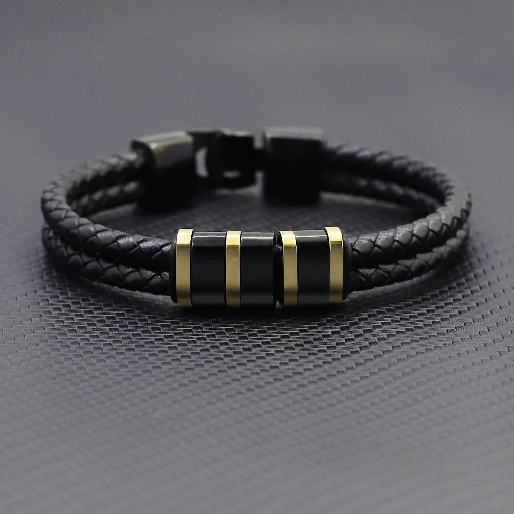 Black Leather Braided Stainless Steel Bead Bracelet For Men by GJG Denim