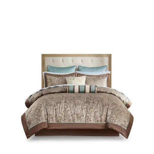 12 Piece Comforter Set With Cotton Bed Sheets Blue Brown Full by GJG Denim