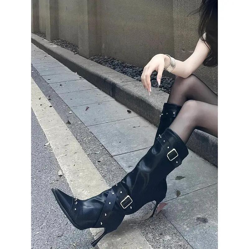 Women's All-Match Belt-Buckle Rivet Long Boots by GJG Denim