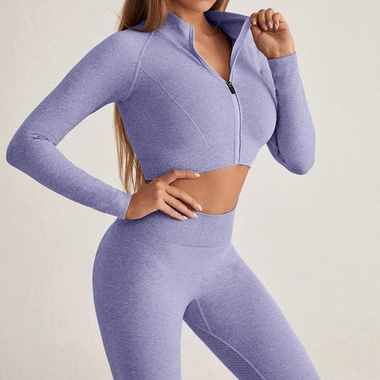 Seamless Yoga Clothes Zipper Tight Long Sleeve High Top Sports Workout Clothes Suit by GJG Denim