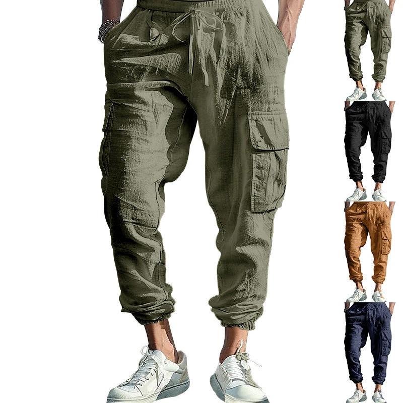 Men's Casual Ankle-tied Multi-pocket Tether Solid Color Loose Pants by GJG Denim