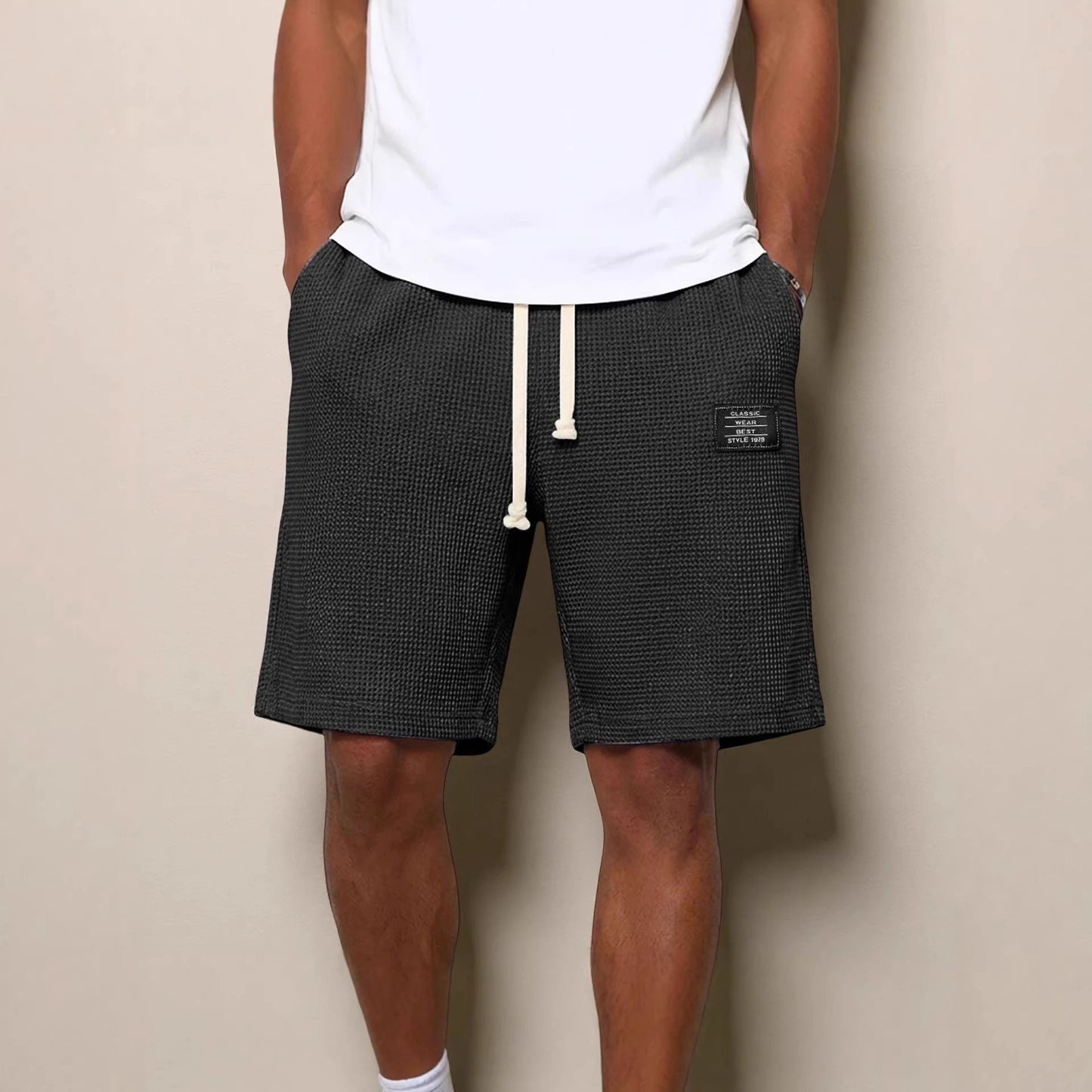 Men's Simple Waffle Knit Embroidered Casual Solid Color Shorts by GJG Denim
