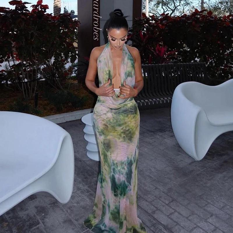 2pcs Tie Dye Printing Deep V-neck Suits Fashion Halter Backless Skirt For Beach Party Womens Clothing by GJG Denim