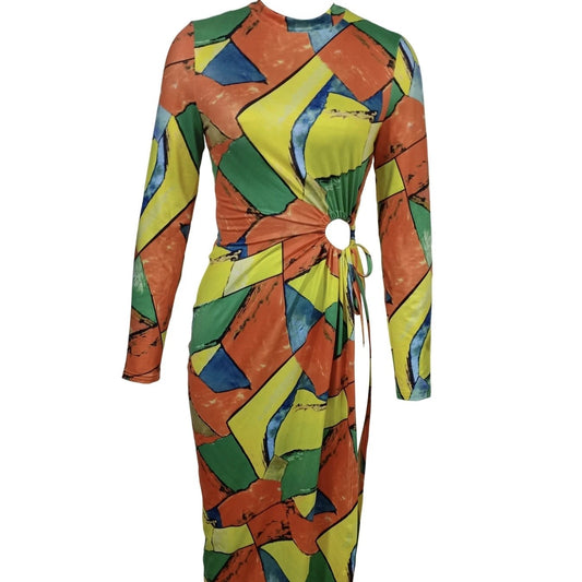 Ladies' Color Block Printed Sexy And Fashionable Slit Long Sleeved Dress by GJG Denim