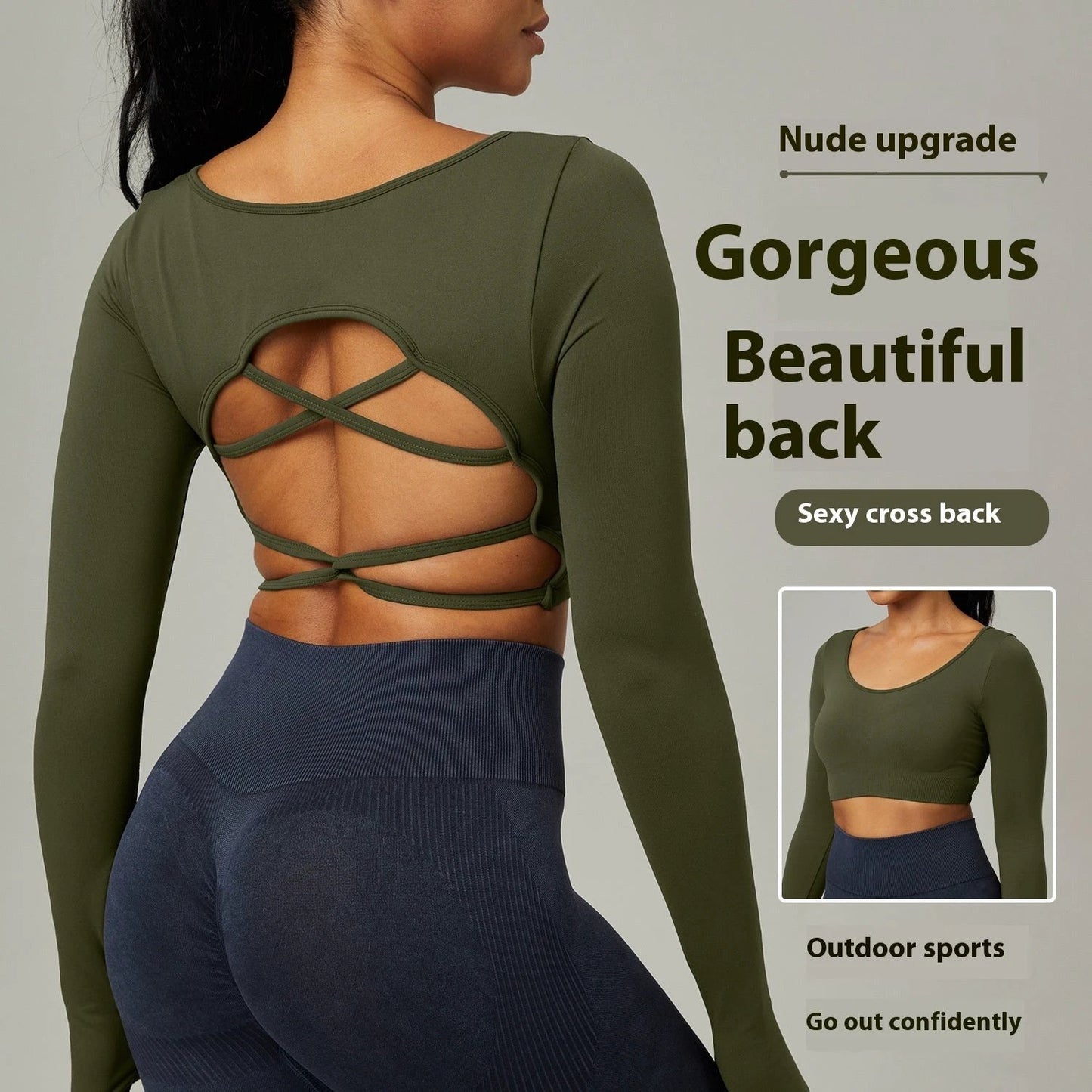 Quick Drying Clothes Outdoor Long Sleeve Cross Beauty Back Workout Clothes Sports Top by GJG Denim