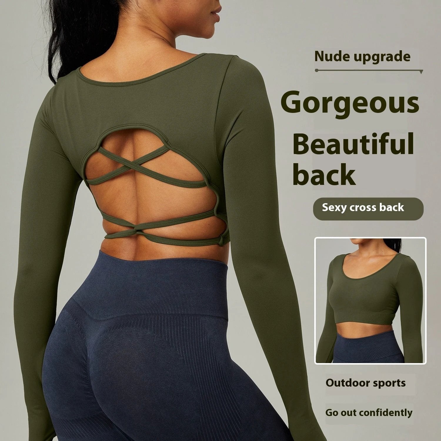 Quick Drying Clothes Outdoor Long Sleeve Cross Beauty Back Workout Clothes Sports Top by GJG Denim
