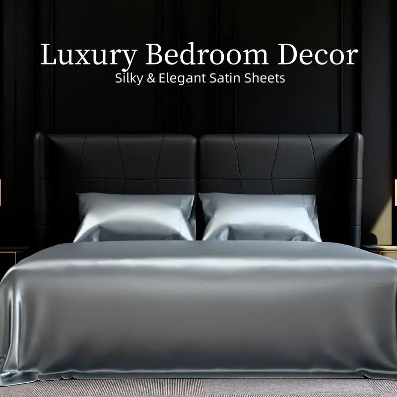 Satin Bed Sheets, King Size Sheets Set, 4 Pcs Silky Bedding Set With 15 Inches Deep Pocket For Mattress King, Black by GJG Denim