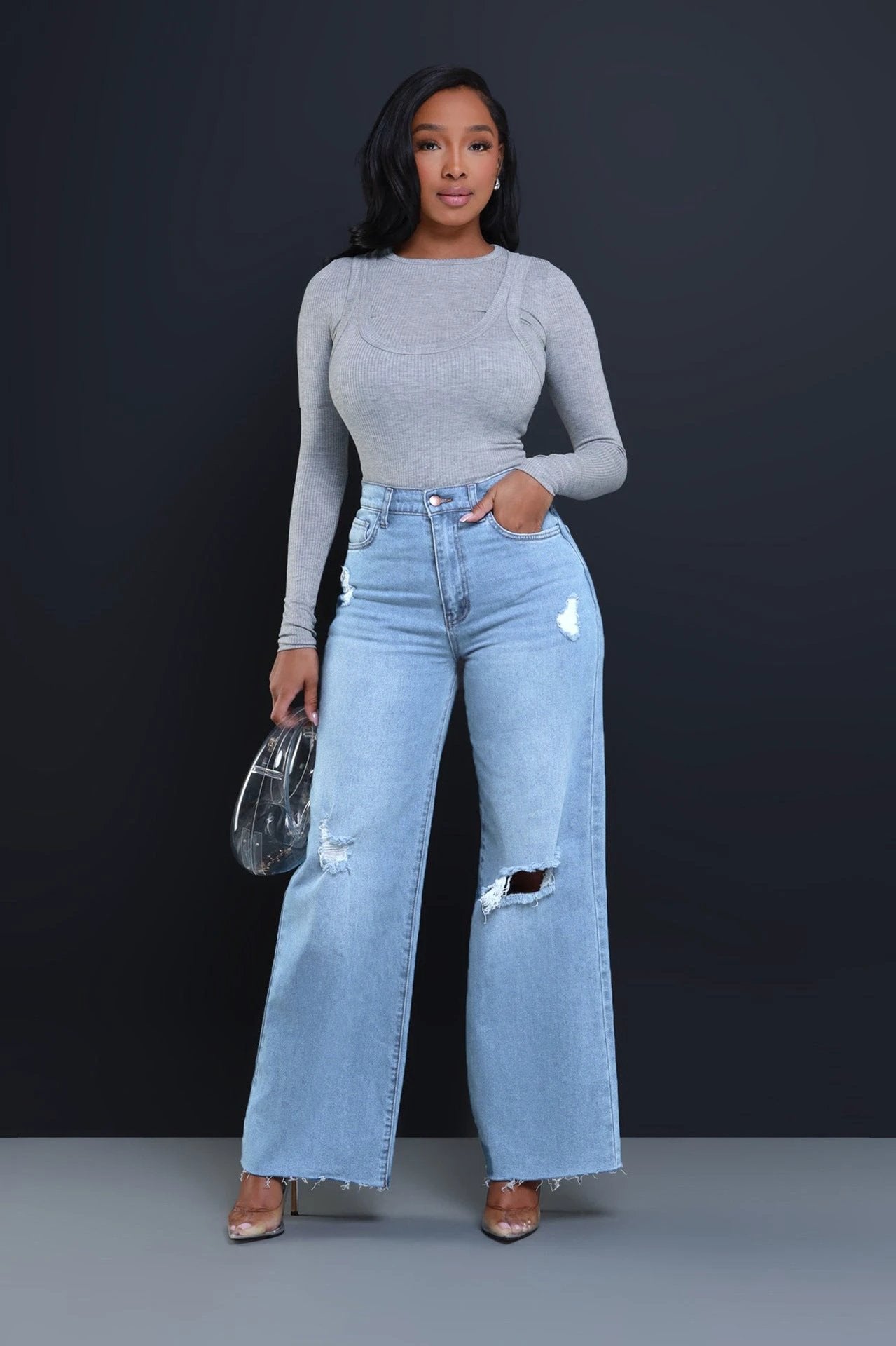 Women's Ripped High Waist Loose Straight Wide Leg Jeans by GJG Denim