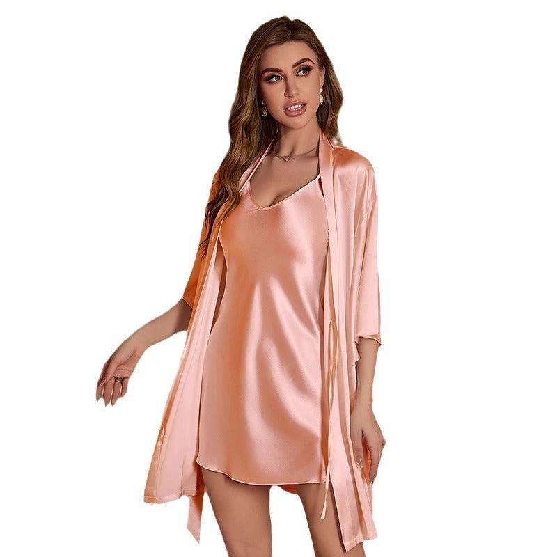 Ice Silk Pajamas For Women Summer Robe Two-piece Sling Sexy by GJG Denim