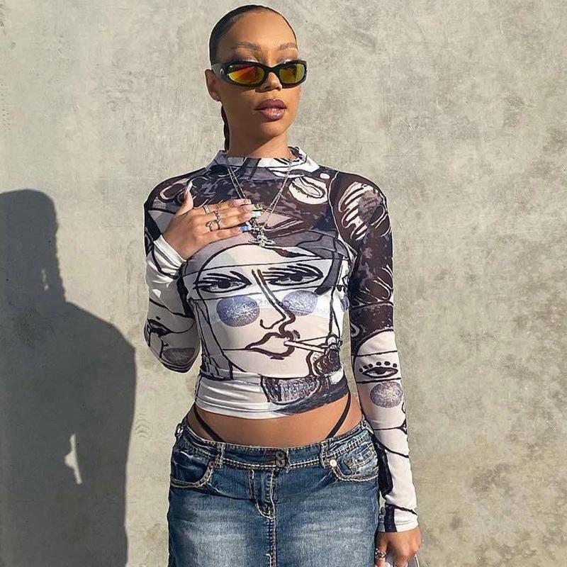 Sheer Mesh Round Neck Long Sleeve Slim-fit Top by GJG Denim