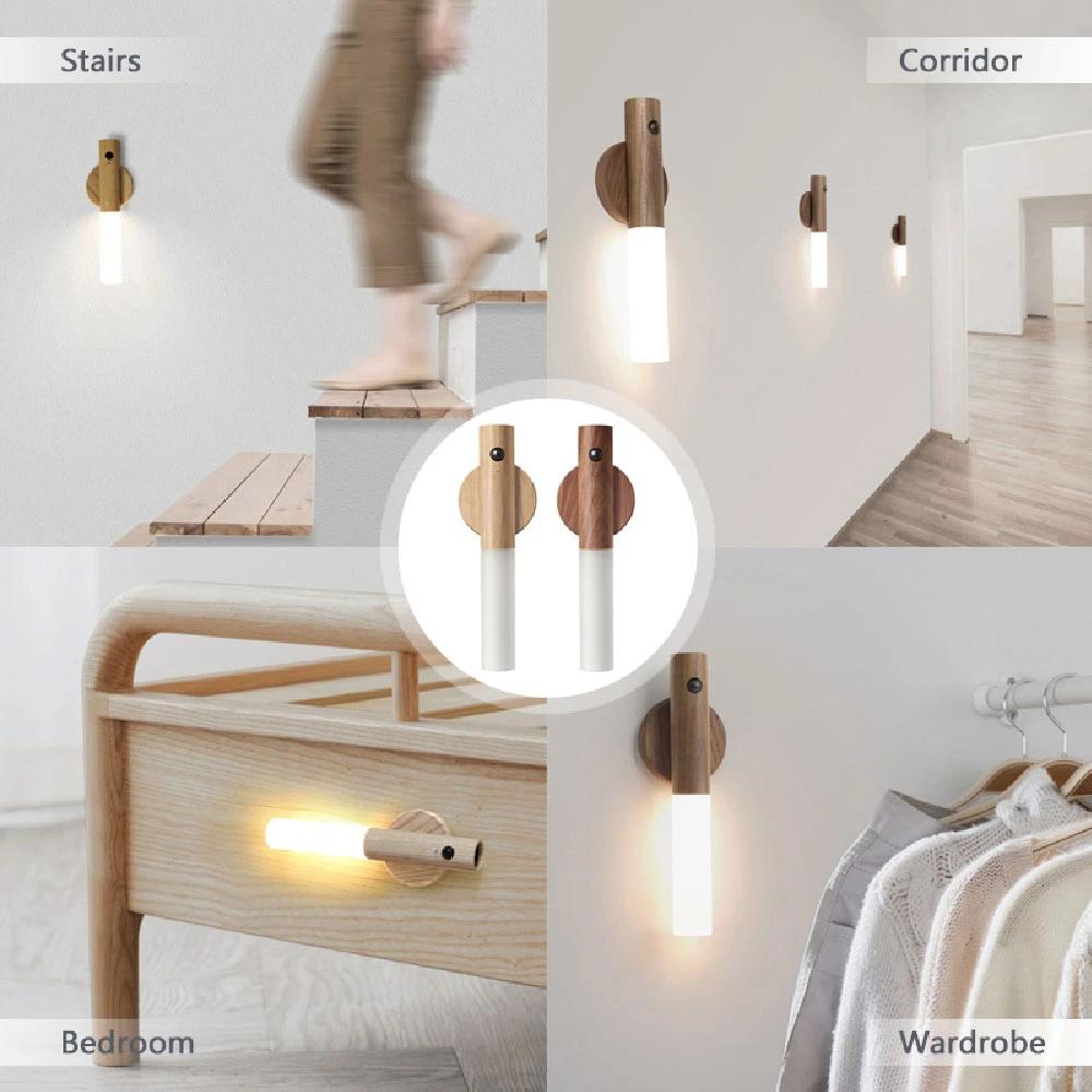 Auto LED USB Magnetic Wood Wireless Night Light Corridors Porch Lights PIR Motion Sensor Wall Light Cabinet Lamp by GJG Denim