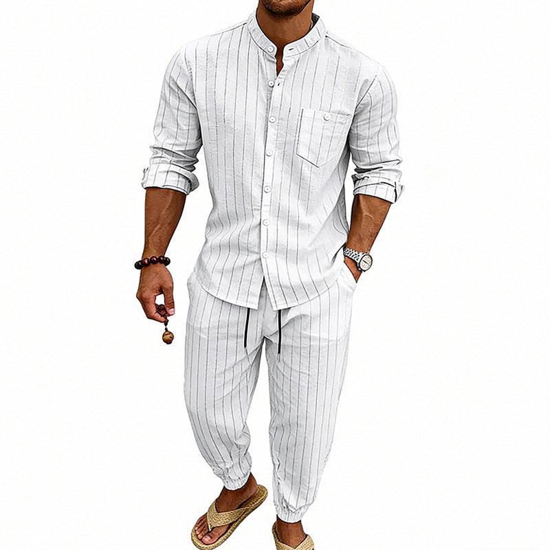 High-street Striped Henley Shirt Jogger Pants Set by GJG Denim