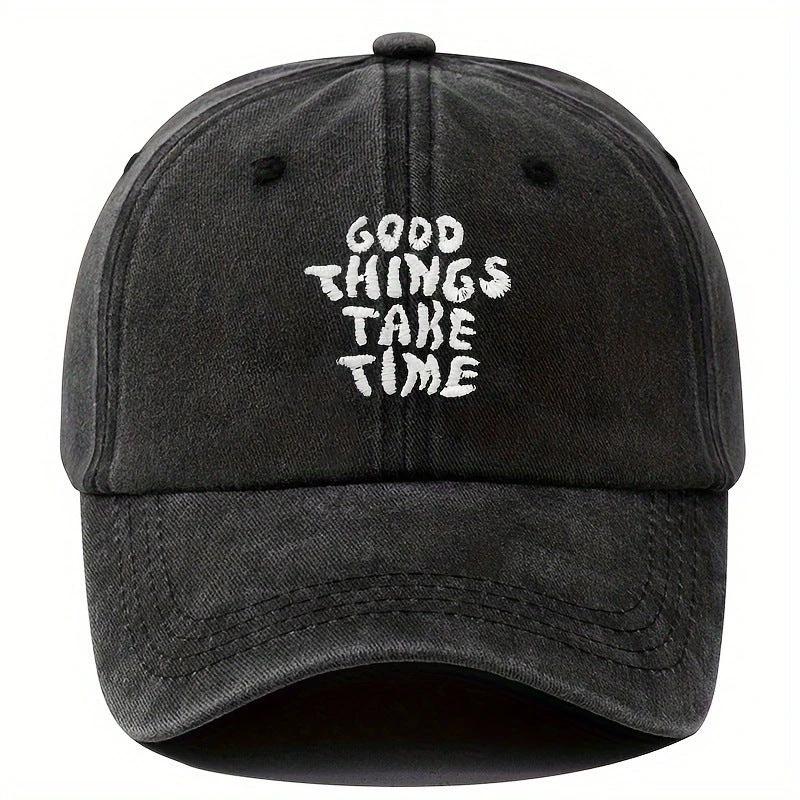 Men's "Good Things Take Time" Washed-out Vintage Baseball Cap Adjustable by GJG Denim
