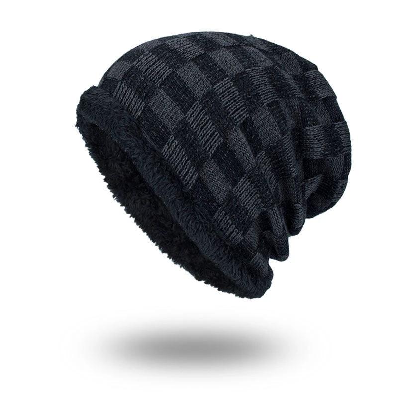 Men's Knitted Wool Plus Velvet Warm Contrast Color Small Square Beanie by GJG Denim