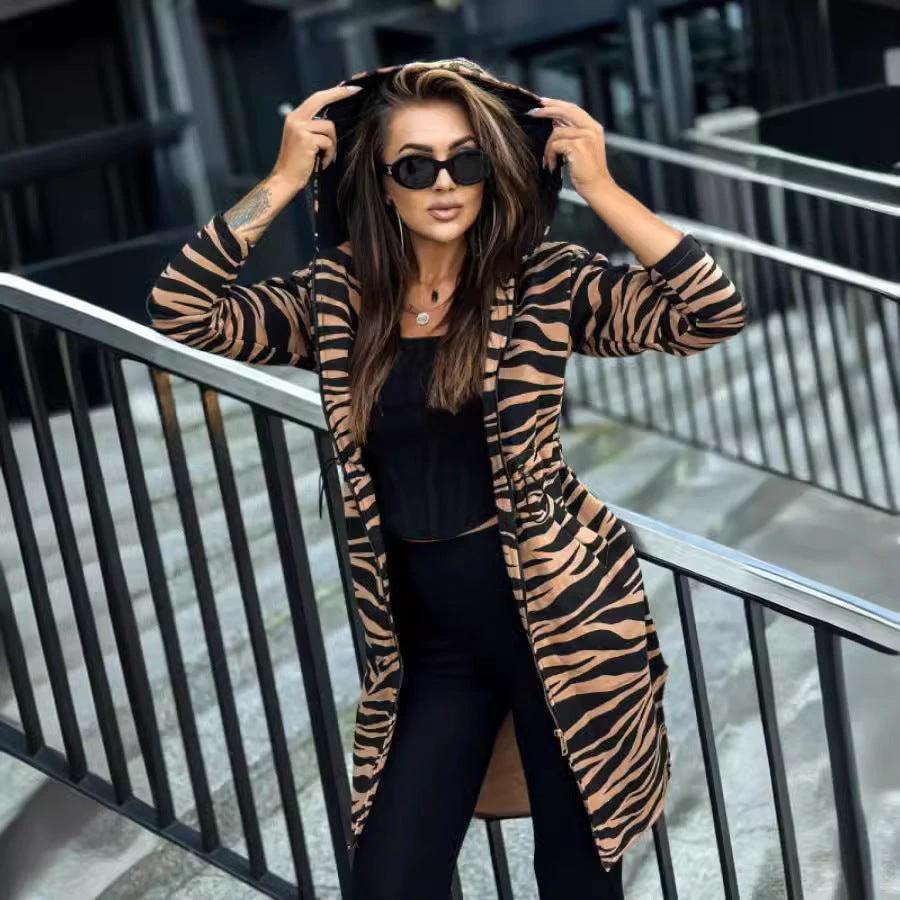 Women's Long-sleeved Hooded Printed Trench Coat by GJG Denim