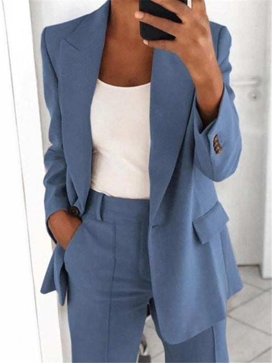 Ins Button Casual Suit Fashion Long-sleeved Lapel Blazer Jacket And Slim-fit Pocket Trousers For Women Clothing by GJG Denim