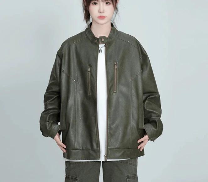 Spring And Autumn American Pu Shuai Street Rivet Retro Distressed Leather Jacket by GJG Denim