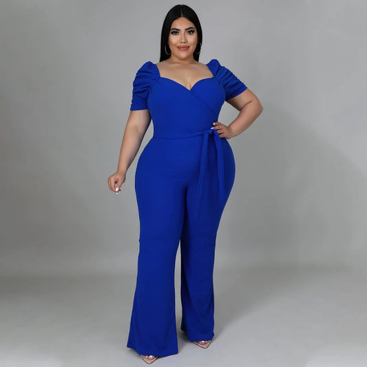 Women's Plus-Size Stand Collar Ruffle Sleeve High-Waist Jumpsuit Wide-Leg Pants by GJG Denim