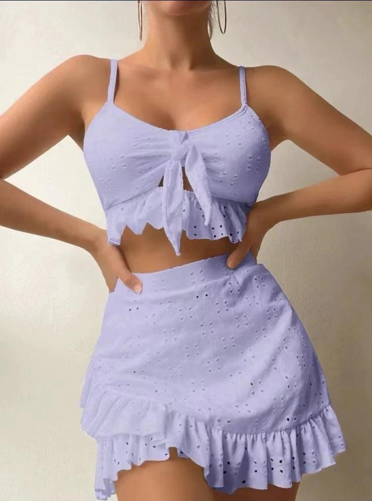 3pcs Beach Bikini With Hip-hugging Skirt Fashion Ruffle Design Swimsuit Set Summer Womens Clothing by GJG Denim