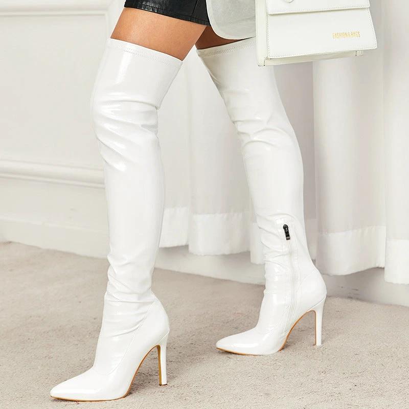 Women's High Heel Soft Patent Leather Inside Zipper Over The Knee Boots by GJG Denim
