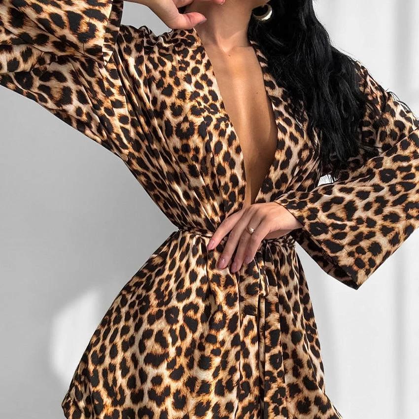 Leopard-print Camisole Cardigan And Short-sleeve Shorts Pajama Set by GJG Denim