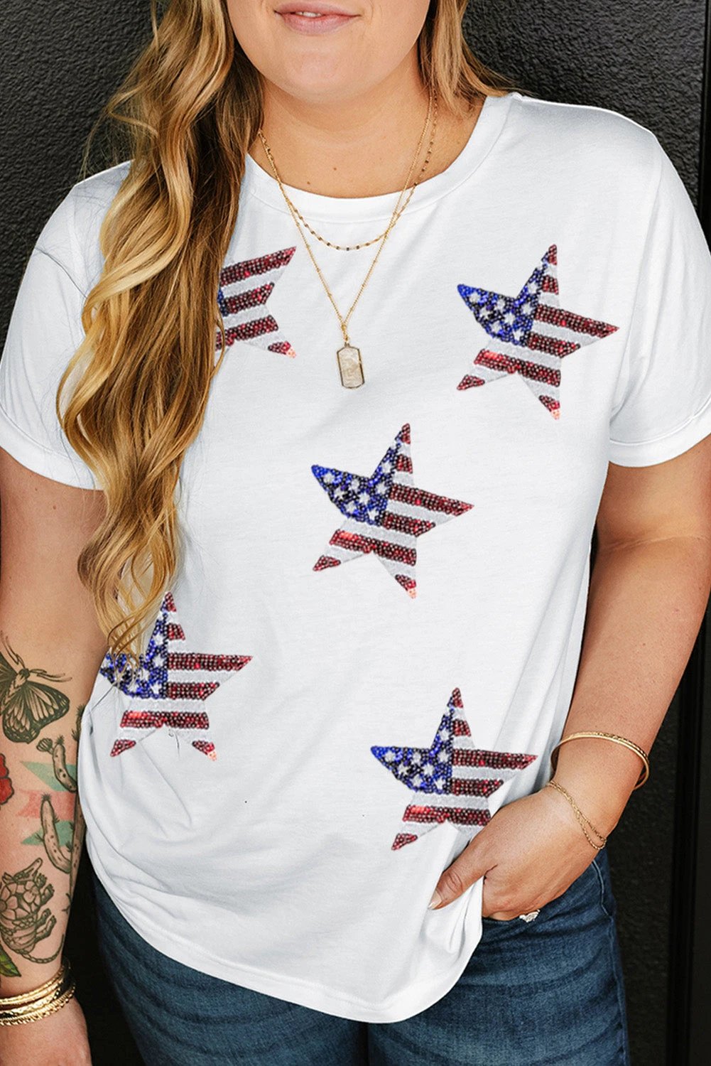 Plus Size Sequin Star Round Neck Short Sleeve T-Shirt by Lady Ros