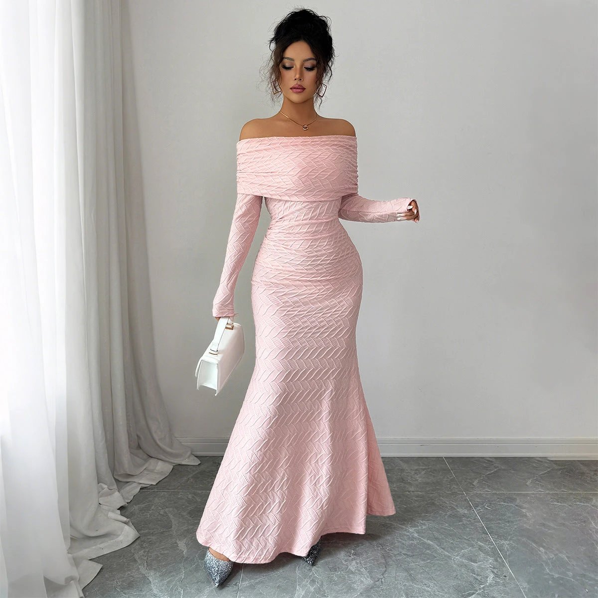 Elegant Simple Off-shoulder Long Sleeve Dress Women's Clothing by GJG Denim