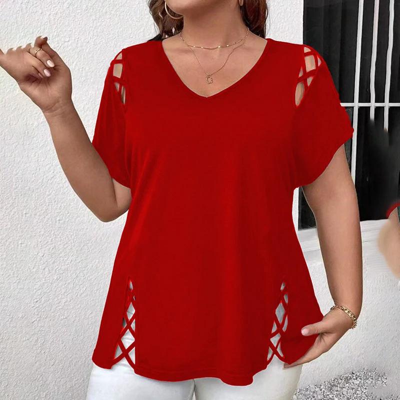 Women's Plus Size Criss Cross Short Sleeve V Neck T-Shirt Tops by GJG Denim