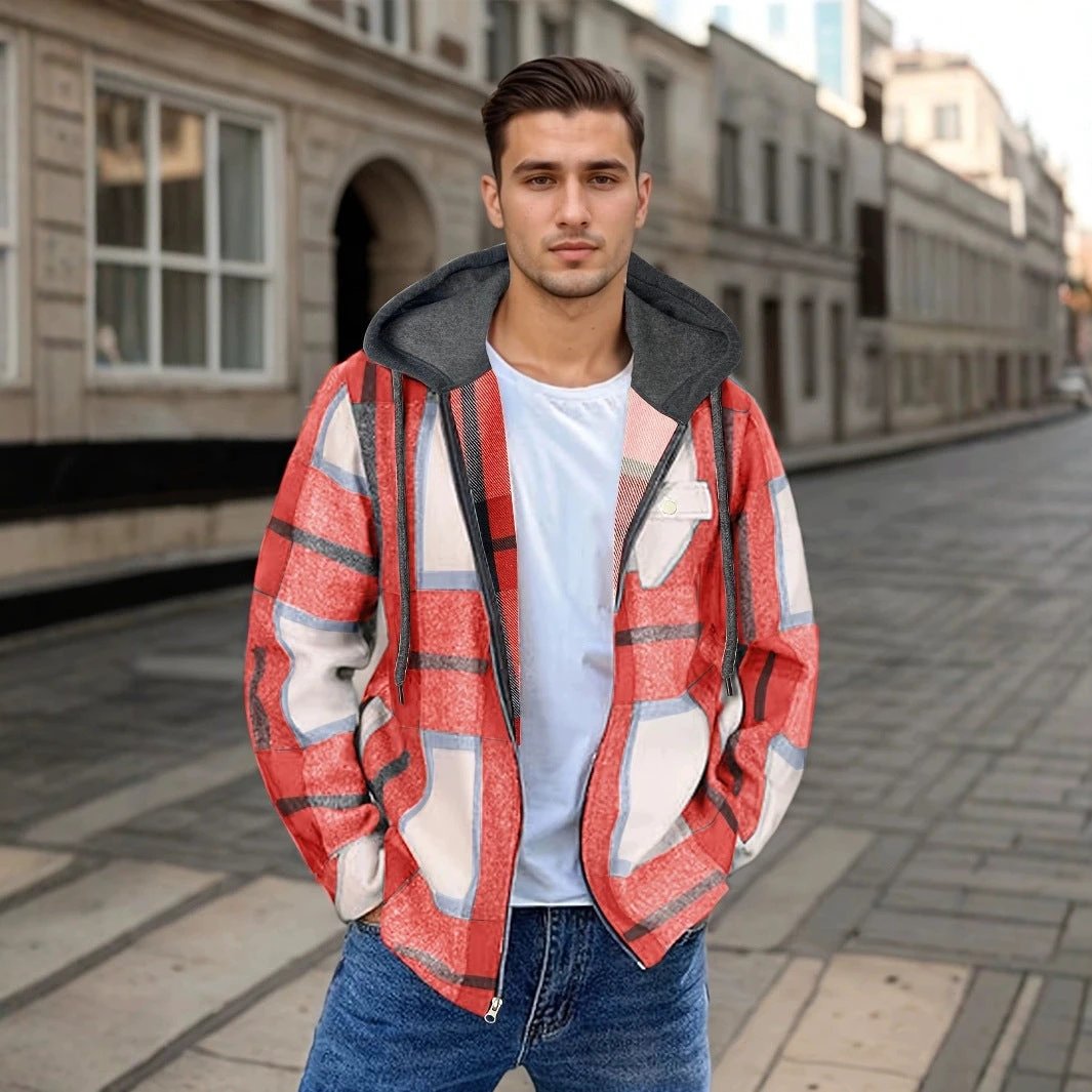 Men's Flannel Jacket Zipper Hooded Jacket by GJG Denim