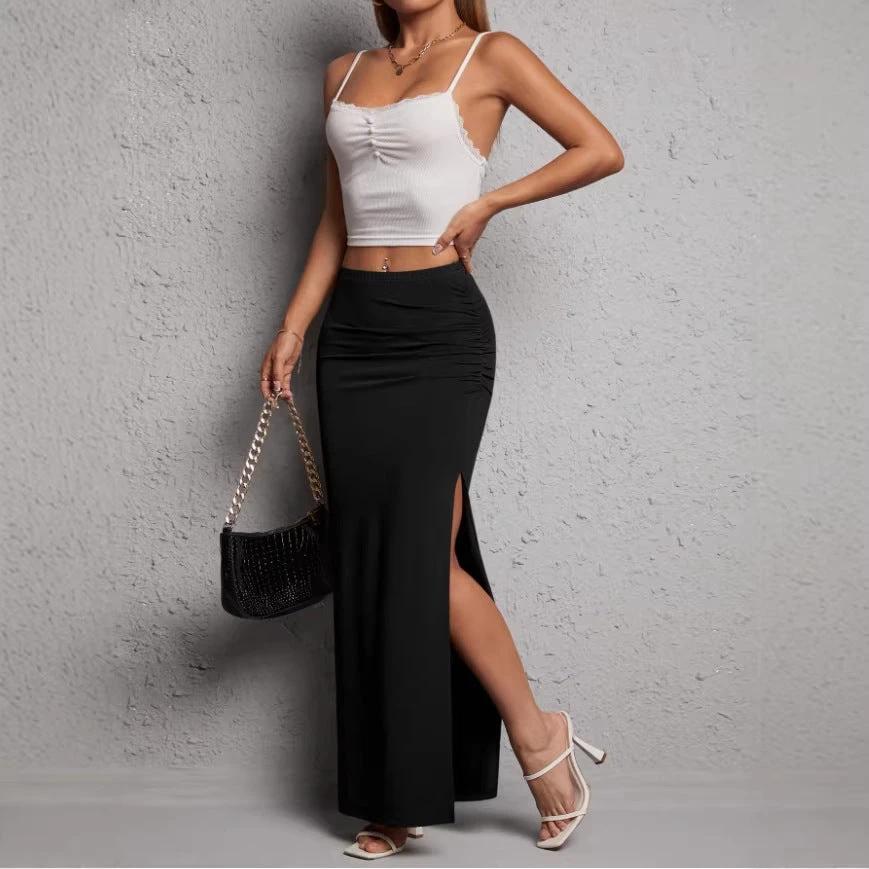 Solid-color High-waisted Elegant Pleated Slit Midi Skirt by GJG Denim