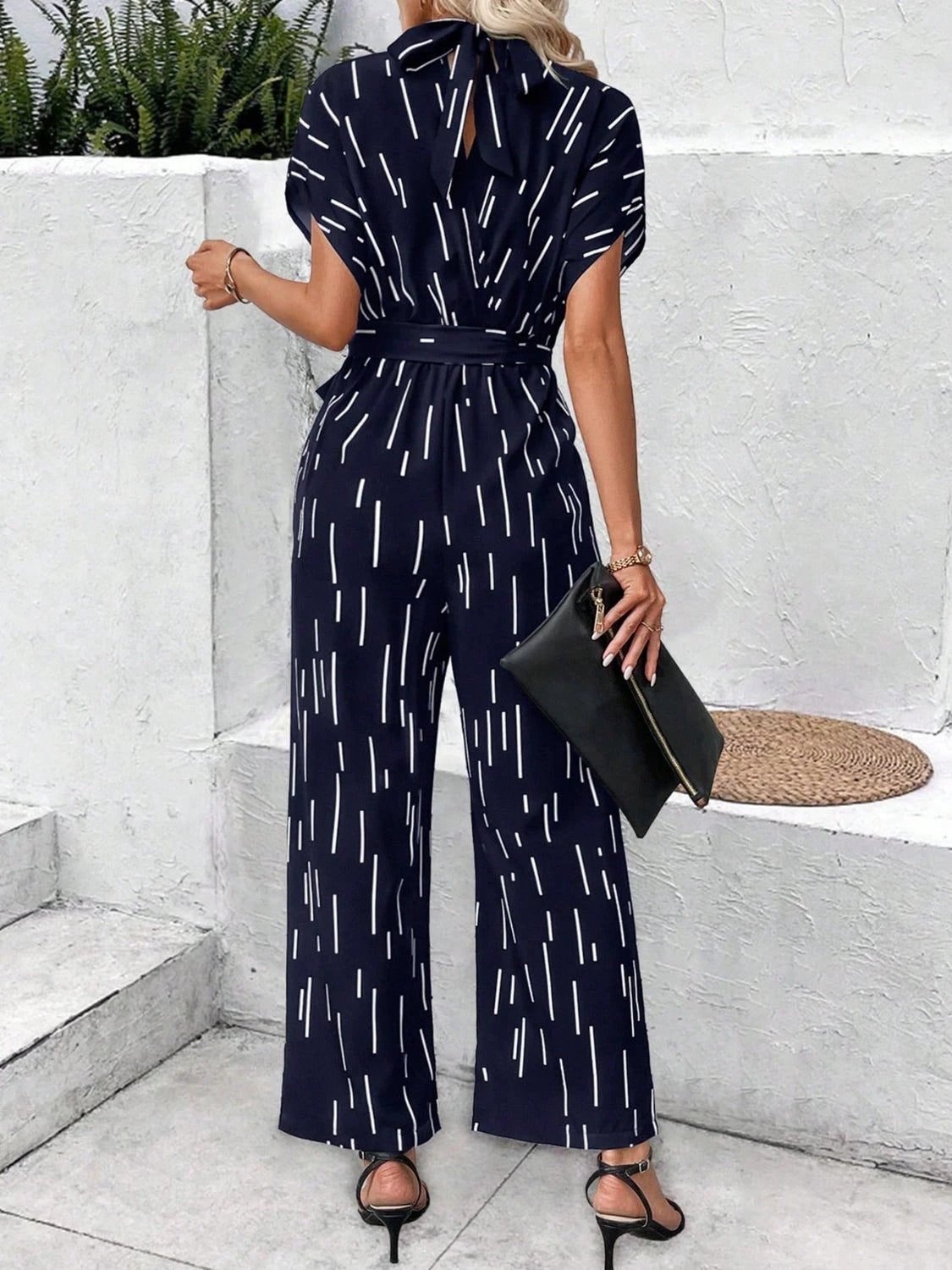 Tied Printed Mock Neck Wide Leg Jumpsuit by Lady Ros
