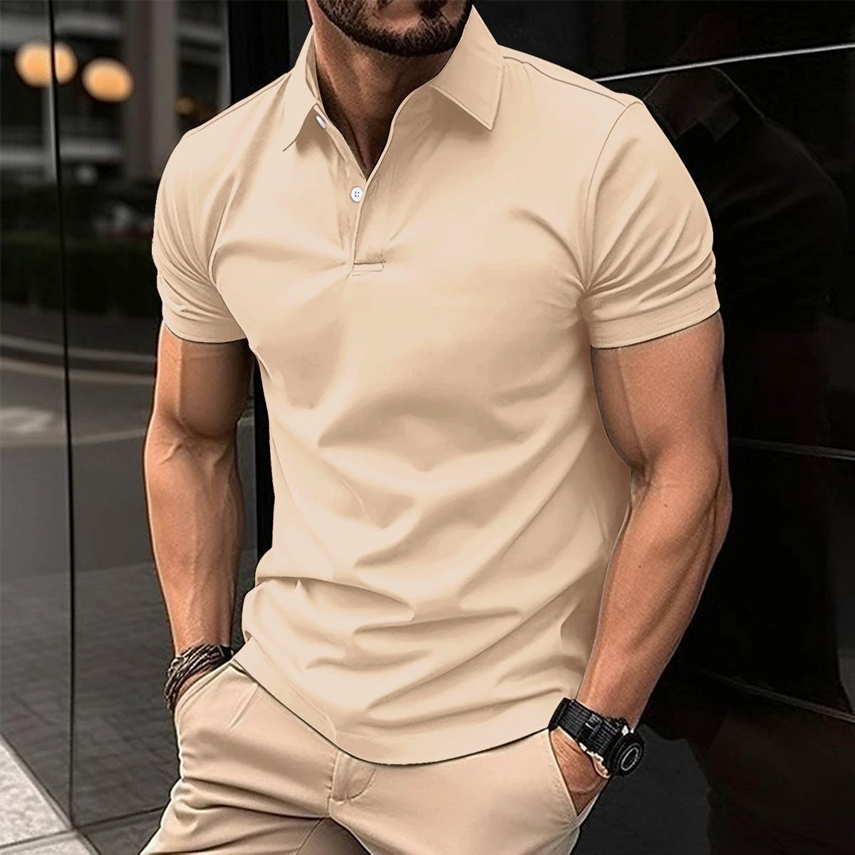 Short Sleeve Polo Shirt Men Solid Color Button Lapel Button Top by GJG Denim