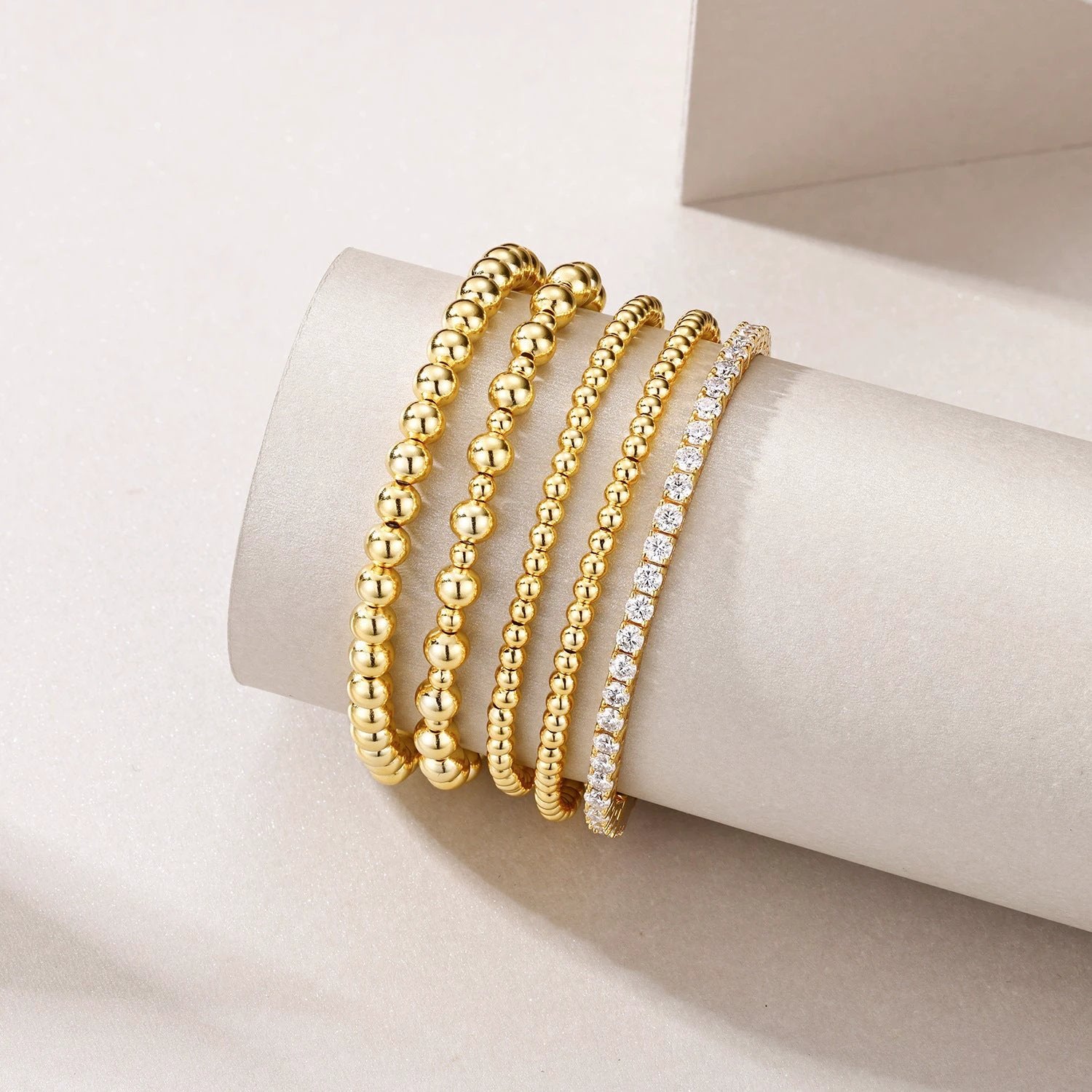 Moissanite Round Beads Classic Style Gold Twin 5-piece Bracelet Set Does Not Fade by GJG Denim