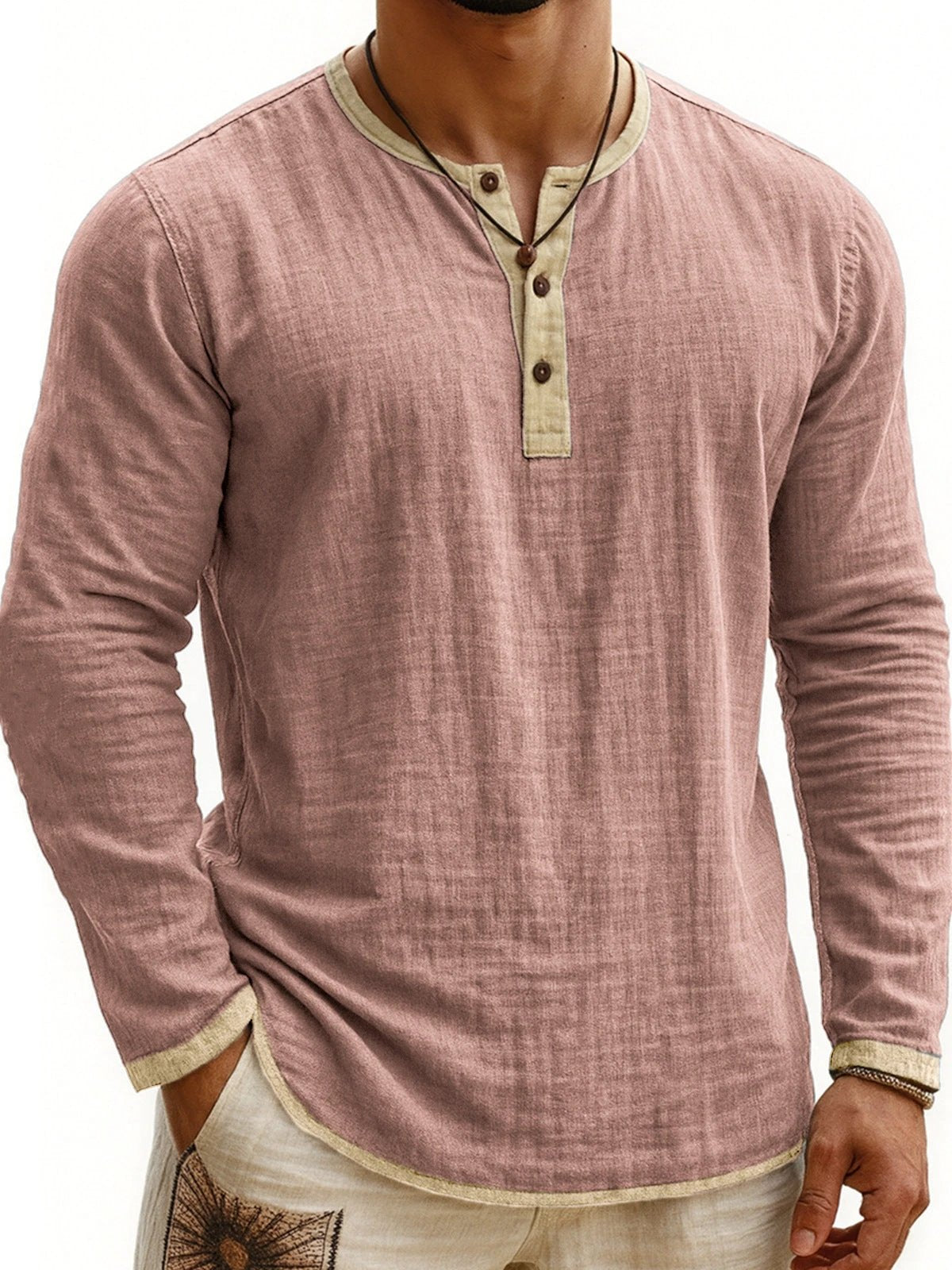 Men's Two-tone Henley Shirt 3-button Casual Long Sleeve Shirt by GJG Denim