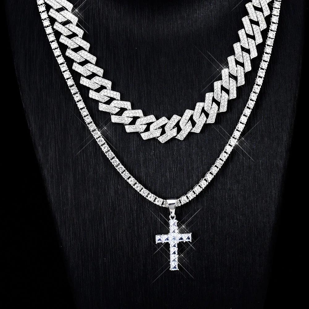 Men's Zircon Cross Pendant Cuban Chain Iced Out Paved Rhinestones Bling Necklaces by GJG Denim