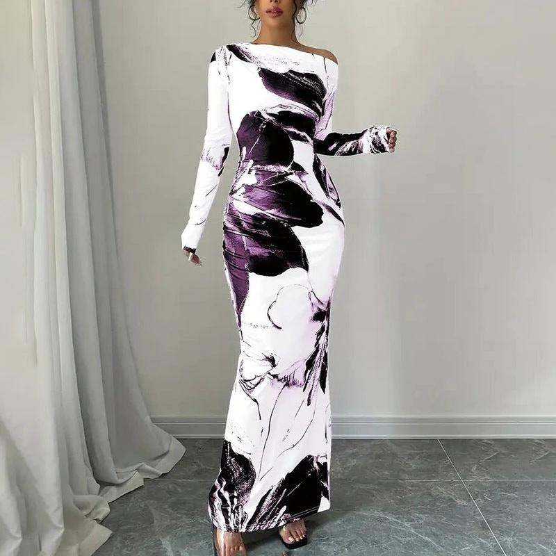Women's Elegant Off-Shoulder Tie-Dye Floral Bodycon Dress Stretchy Season Party & Casual Dress by GJG Denim