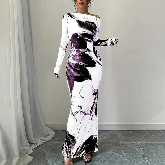 Women's Elegant Off-Shoulder Tie-Dye Floral Bodycon Dress Stretchy Season Party & Casual Dress by GJG Denim